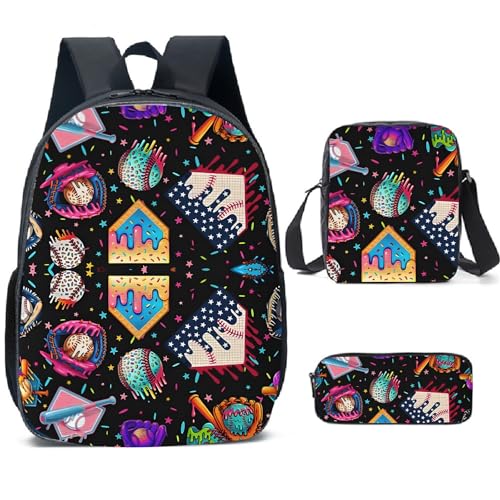 FGUUTYM Baseball Drop Ice Rucksack 17 Schultasche Umhängetasche Federtasche Dreiteiliges Set Große Kapazität Leichter Handgepäckrucksack und Freizeit Rucksäcke Mädchen Freizeit (Navy, A) von FGUUTYM