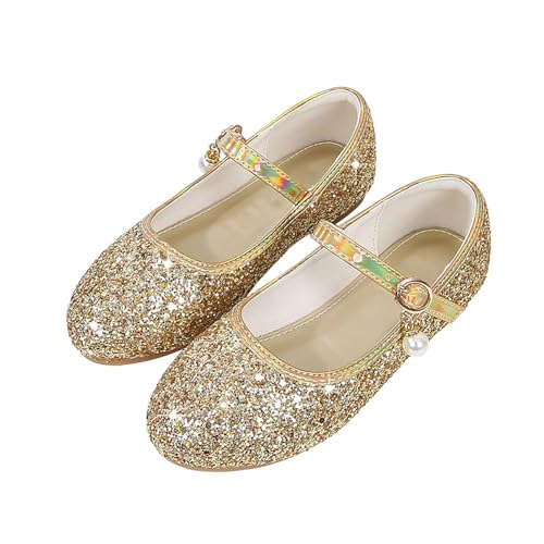 FGUUTYM Blumenmädchen Kleid Schuhe Kleinkind Hochzeit Low Heel Mary Jane Schuhe Glitzer Flache Schuhe Rutschfeste Babyschuhe (Gold, 28 Little Child) von FGUUTYM