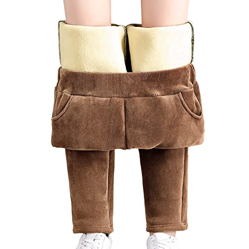 FGUUTYM Cordhose Damen High Waist Braun Gefüttert Warm Cord Hose Winter Dicke Haremshose Elastischer Bund Lange Hosen Fleech Freizeithose Thermo Stretch Strumpfhose Gerade Hosen Slim Fit Winterhose von FGUUTYM