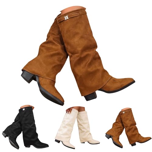 FGUUTYM Cowboystiefel Damen, Kniehohe Westernstiefel für Damen, Spitzem Zehenbereich und Reißverschluss Winterstiefel, Cowboy-Stiefel mit Blockabsatz, Overknees Stiefel Winter Warme Damenstiefel von FGUUTYM