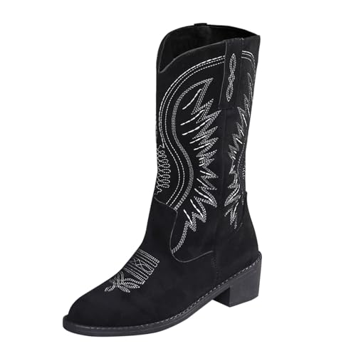 FGUUTYM Cowboystiefel Damen Langschaft Stiefel Western Cowboy Stiefel Trachtenstiefel Leder Halbhohe Westernstiefel Winter Herbst Boots Retro Reißverschluß Reitstiefeletten Übergangsstiefel von FGUUTYM