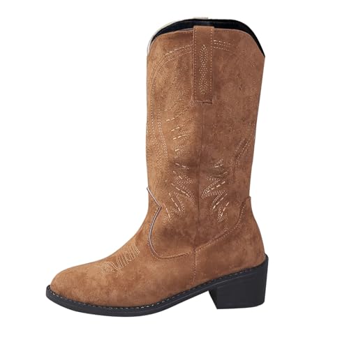 FGUUTYM Cowboystiefel Damen Langschaft Stiefel Western Cowboy Stiefel Trachtenstiefel Leder Halbhohe Westernstiefel Winter Herbst Boots Retro Reißverschluß Reitstiefeletten Übergangsstiefel von FGUUTYM