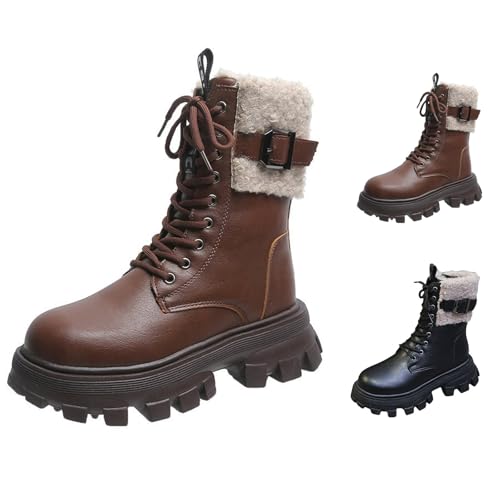 FGUUTYM Cowboystiefel Damen Leder Winterschuhe Mit Schnürung Winter Fleece Gefüttert Winterboots Flache Retro Schnürstiefel Boots Kurzstiefel Winterstiefel Plus Samt Komfort Schneestiefel von FGUUTYM