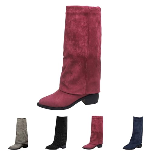FGUUTYM Cowboystiefel Damen Mit Niedriger Absatz Langschaft Boots Stiefel Wasserdichte Overknees Westernstiefel Mit Reißverschluss Spitzer Zehenbereich Winterstiefel Winter Warme Damenstiefel von FGUUTYM