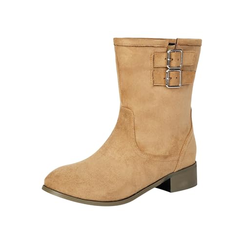 FGUUTYM Cowboystiefel Damen Vintage Stiefeletten Mit Blockabsatz Und Schnalle Kurzschaft Lederstiefel Schlupfstiefel Ankle Boots Cowboy Stiefel Klassisch Halbstiefel Wasserdicht Übergangsstiefel von FGUUTYM