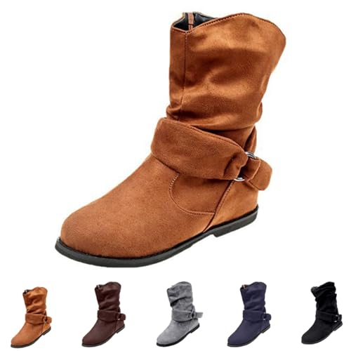 FGUUTYM Cowboystiefel Damen Wildleder Mit Schnalle Halbhohe Elegant Westernstiefel Classic Festivals Damenstiefel Herbst Winter Cowboy Halbstiefel Ankle Boots Einfarbige Leicht Winterstiefel von FGUUTYM