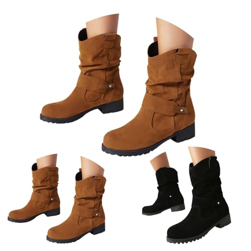 FGUUTYM Cowboystiefel Damen Wildleder Mit Schnalle Halbhohe Elegant Westernstiefel Classic Festivals Damenstiefel Herbst Winter Cowboy Halbstiefel Ankle Boots Einfarbige Leicht Winterstiefel von FGUUTYM
