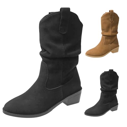 FGUUTYM Cowboystiefel Damen Wildleder Mit Schnalle Halbhohe Elegant Westernstiefel Classic Festivals Damenstiefel Herbst Winter Cowboy Halbstiefel Ankle Boots Einfarbige Leicht Winterstiefel von FGUUTYM