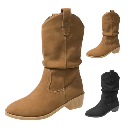FGUUTYM Cowboystiefel Damen Wildleder Mit Schnalle Halbhohe Elegant Westernstiefel Classic Festivals Damenstiefel Herbst Winter Cowboy Halbstiefel Ankle Boots Einfarbige Leicht Winterstiefel von FGUUTYM