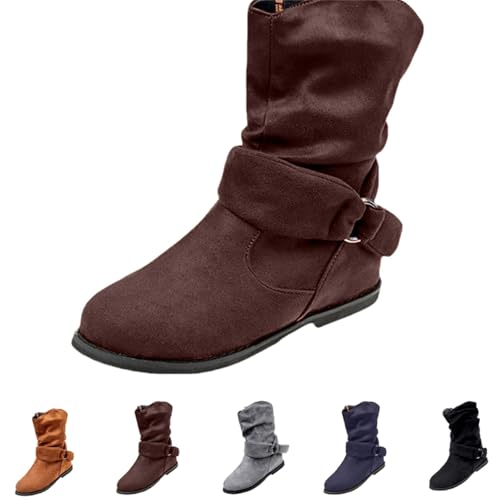 FGUUTYM Cowboystiefel Damen Wildleder Mit Schnalle Halbhohe Elegant Westernstiefel Classic Festivals Damenstiefel Herbst Winter Cowboy Halbstiefel Ankle Boots Einfarbige Leicht Winterstiefel von FGUUTYM