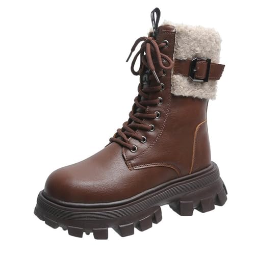 FGUUTYM Cowboystiefel Damen Winter Fleece Gefüttert Winterschuhe Mit Schnürung Winterboots Flache Retro Schnürstiefel Boots Leder Kurzstiefel Winterstiefel Memory Foam Komfort Schneestiefel von FGUUTYM