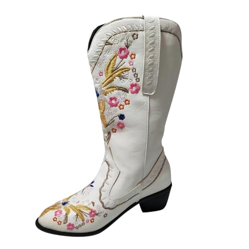 FGUUTYM Cowboystiefel Für Damen Mit Bunten Blumen - Modische Cowboy-Stiefel Western-Stiefel Trachtenstiefel Niedriger Absatz Wadenstiefel Herbst Winter Übergangsstiefel Vintage Western Stiefeletten von FGUUTYM