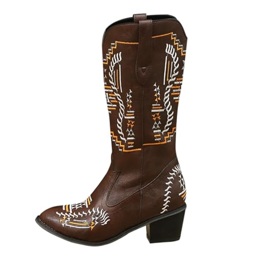 FGUUTYM Cowboystiefel Mit Spitzer Zehenbereich, Damen Langschaft Stiefel Westernstiefel Cowboy Stiefel Retro Reißverschluß Blockabsatz Winter Herbst Übergangsstiefel Stiefel Cowboyboots von FGUUTYM