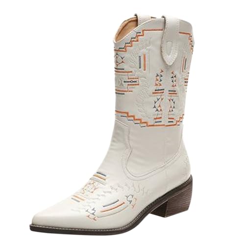FGUUTYM Cowboystiefel Mit Spitzer Zehenbereich, Damen Langschaft Stiefel Westernstiefel Cowboy Stiefel Retro Reißverschluß Blockabsatz Winter Herbst Übergangsstiefel Stiefel Cowboyboots von FGUUTYM