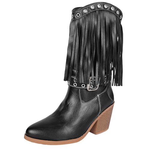 FGUUTYM Cowboystiefel Western Boho Tassels Langschaft Stiefel Mit Reißverschluss Damen Stiefelette Modisch Herbst Fransenstiefel Mit Keilabsatz Westernstiefel Übergangsstiefel für Festival von FGUUTYM