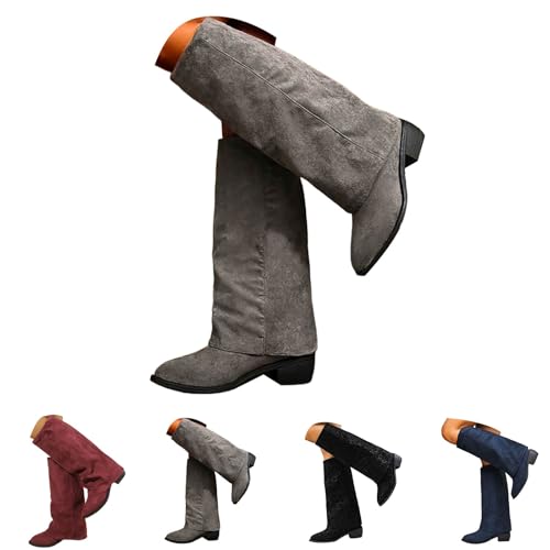FGUUTYM Damen Cowboystiefel Langschaft Wasserdichte Boots Overknees Westernstiefel Mit Reißverschluss Plateauabsatz Spitzer Zehenbereich Winterstiefel Knee High Stiefel Winter Warme Damenstiefel von FGUUTYM