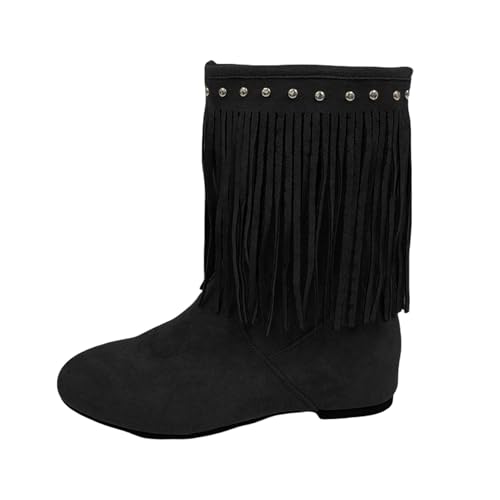 FGUUTYM Damen Flache Stiefeletten Cowboy-Stiefel Mit Fransen Halbhohe Mittelalterliche Stiefel Westernstiefel Schlupfstiefel Ankle Boots Winter Warme Wildleder Winterschuhe Übergangsstiefel von FGUUTYM