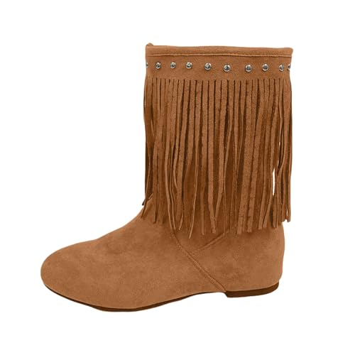 FGUUTYM Damen Flache Stiefeletten Cowboy-Stiefel Mit Fransen Halbhohe Mittelalterliche Stiefel Westernstiefel Schlupfstiefel Ankle Boots Winter Warme Wildleder Winterschuhe Übergangsstiefel von FGUUTYM