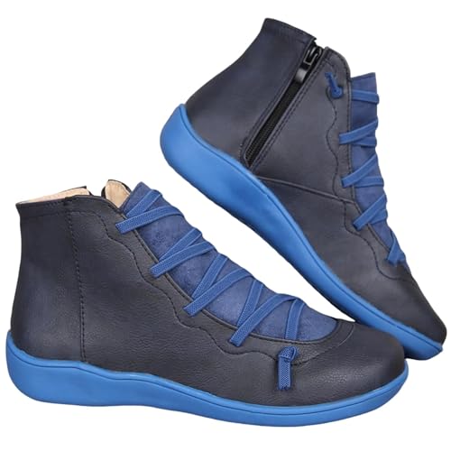 FGUUTYM Damen Flache Stiefeletten Herbst Winter Cowboystiefel Schnürstiefel aus PU-Leder Kurze Stiefel Vintage Frauen Lederschuhe Halbhohe Mittelalterliche Stiefel Damenstiefel Schlupfstiefel von FGUUTYM