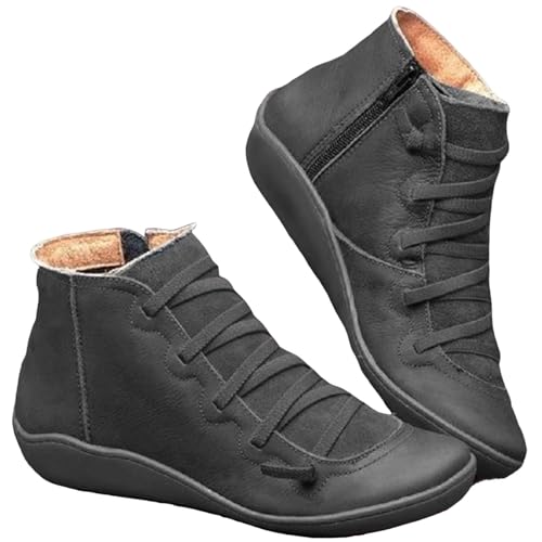 FGUUTYM Damen Flache Stiefeletten Herbst Winter Cowboystiefel Schnürstiefel aus PU-Leder Kurze Stiefel Vintage Frauen Lederschuhe Halbhohe Mittelalterliche Stiefel Damenstiefel Schlupfstiefel von FGUUTYM