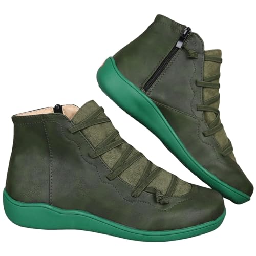 FGUUTYM Damen Flache Stiefeletten Herbst Winter Cowboystiefel Schnürstiefel aus PU-Leder Kurze Stiefel Vintage Frauen Lederschuhe Halbhohe Mittelalterliche Stiefel Damenstiefel Schlupfstiefel von FGUUTYM