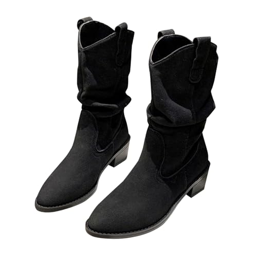 FGUUTYM Damen Klassisch Wildleder Halbstiefel Langschaft Stiefel Schlupfschuhe Ankle Boots Kurzstiefel Braun Übergangsstiefel Westernstiefel Wasserdicht Retro Cowboy Boots Damenstiefel von FGUUTYM