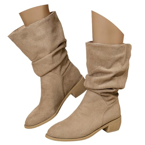 FGUUTYM Damen Klassisch Wildleder Halbstiefel Langschaft Stiefel Schlupfschuhe Ankle Boots Kurzstiefel Braun Übergangsstiefel Westernstiefel Wasserdicht Retro Cowboy Boots Damenstiefel von FGUUTYM