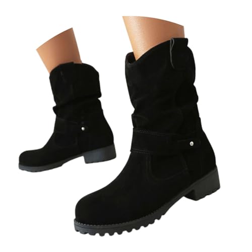 FGUUTYM Damen Klassisch Wildleder Halbstiefel Langschaft Stiefel Schlupfschuhe Ankle Boots Kurzstiefel Braun Übergangsstiefel Westernstiefel Wasserdicht Retro Cowboy Boots Damenstiefel von FGUUTYM