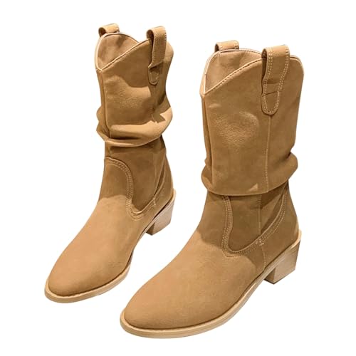 FGUUTYM Damen Klassisch Wildleder Halbstiefel Langschaft Stiefel Schlupfschuhe Ankle Boots Kurzstiefel Braun Übergangsstiefel Westernstiefel Wasserdicht Retro Cowboy Boots Damenstiefel von FGUUTYM
