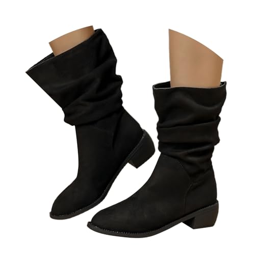 FGUUTYM Damen Klassisch Wildleder Halbstiefel Langschaft Stiefel Schlupfschuhe Ankle Boots Kurzstiefel Braun Übergangsstiefel Westernstiefel Wasserdicht Retro Cowboy Boots Damenstiefel von FGUUTYM