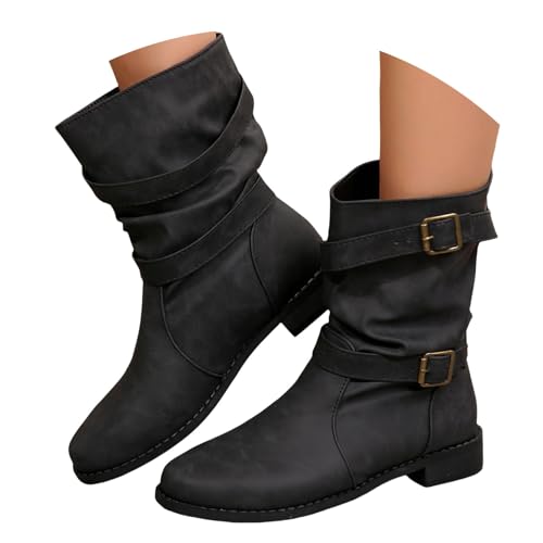 FGUUTYM Damen Klassisch Wildleder Halbstiefel Langschaft Stiefel Schlupfschuhe Ankle Boots Kurzstiefel Braun Übergangsstiefel Westernstiefel Wasserdicht Retro Cowboy Boots Damenstiefel von FGUUTYM