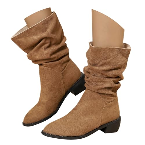 FGUUTYM Damen Klassisch Wildleder Halbstiefel Langschaft Stiefel Schlupfschuhe Ankle Boots Kurzstiefel Braun Übergangsstiefel Westernstiefel Wasserdicht Retro Cowboy Boots Damenstiefel von FGUUTYM