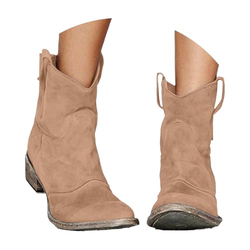 FGUUTYM Damen Klassisch Wildleder Halbstiefel Langschaft Stiefel Schlupfschuhe Ankle Boots Kurzstiefel Braun Übergangsstiefel Westernstiefel Wasserdicht Retro Cowboy Boots Damenstiefel von FGUUTYM