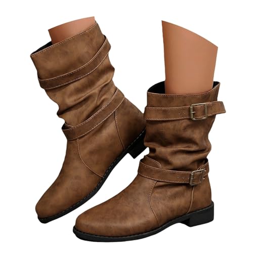 FGUUTYM Damen Klassisch Wildleder Halbstiefel Langschaft Stiefel Schlupfschuhe Ankle Boots Kurzstiefel Braun Übergangsstiefel Westernstiefel Wasserdicht Retro Cowboy Boots Damenstiefel von FGUUTYM