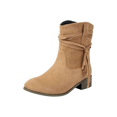 FGUUTYM Damen Kurzschaft Halbstiefel Mit Schnürung Vintage Wildleder Cowboystiefel Mit Blockabsatz Lederstiefel Westernstiefel Reiter Stiefeletten Klassisch Ankle Boots Übergangsstiefel Damenstiefel von FGUUTYM