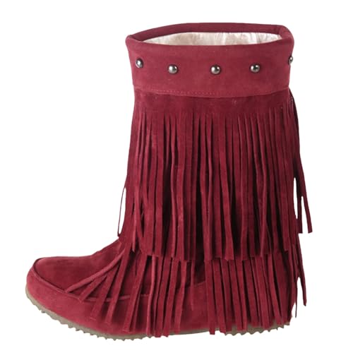 FGUUTYM Damen Mode Stiefeletten Mit Fransen Flache Schlupfstiefel Ankle Boots Wildleder Winterschuhe Winter Warme Halbhohe Cowboystiefel Mittelalterliche Stiefel Westernstiefel Übergangsstiefel von FGUUTYM
