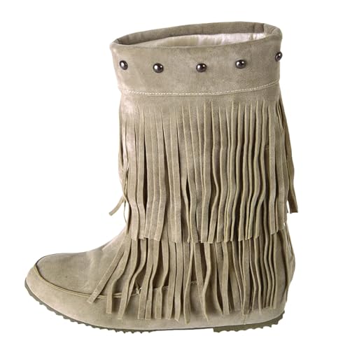 FGUUTYM Damen Mode Stiefeletten Mit Fransen Flache Schlupfstiefel Ankle Boots Wildleder Winterschuhe Winter Warme Halbhohe Cowboystiefel Mittelalterliche Stiefel Westernstiefel Übergangsstiefel von FGUUTYM