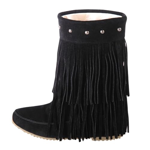 FGUUTYM Damen Mode Stiefeletten Mit Fransen Flache Schlupfstiefel Ankle Boots Wildleder Winterschuhe Winter Warme Halbhohe Cowboystiefel Mittelalterliche Stiefel Westernstiefel Übergangsstiefel von FGUUTYM