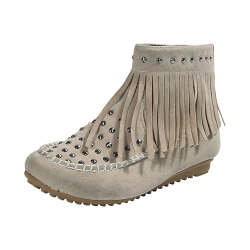 FGUUTYM Damen-Stiefel Mit Fransen Wildleder Outdoor Trachtenstiefel Runde Spitze Flache Sohle Vintage Westernstiefel Rutschfest Leicht Stiefeletten Reitstiefeletten Übergangsstiefel Wadenstiefel von FGUUTYM
