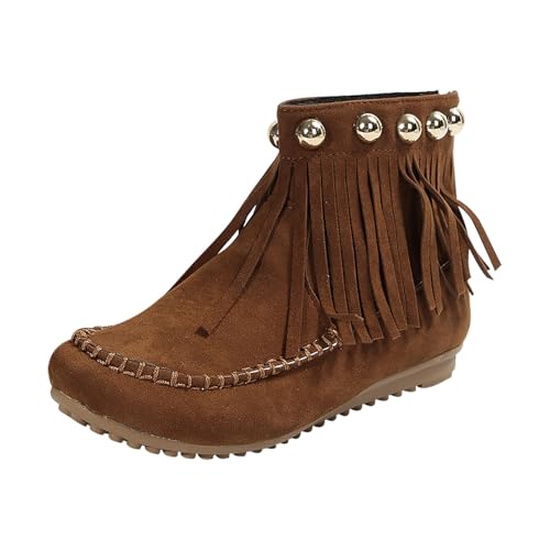 FGUUTYM Damen-Stiefel Mit Fransen Wildleder Outdoor Trachtenstiefel Runde Spitze Flache Sohle Vintage Westernstiefel Rutschfest Leicht Stiefeletten Reitstiefeletten Übergangsstiefel Wadenstiefel von FGUUTYM