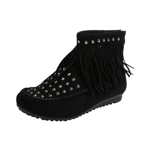 FGUUTYM Damen-Stiefel Mit Fransen Wildleder Outdoor Trachtenstiefel Runde Spitze Flache Sohle Vintage Westernstiefel Rutschfest Leicht Stiefeletten Reitstiefeletten Übergangsstiefel Wadenstiefel von FGUUTYM
