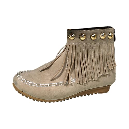 FGUUTYM Damen-Stiefel Mit Fransen Wildleder Outdoor Trachtenstiefel Runde Spitze Flache Sohle Vintage Westernstiefel Rutschfest Leicht Stiefeletten Reitstiefeletten Übergangsstiefel Wadenstiefel von FGUUTYM