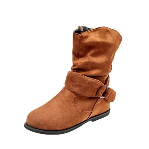 FGUUTYM Damen Stiefeletten Mit Schnalle Halbstiefel Vintage Frauen Lederschuhe Klassischer Halbhohe Stiefel Mittelhohe Cowboystiefel Flache Wildleder Elegante Winterschuhe Damenstiefel Schlupfstiefel von FGUUTYM