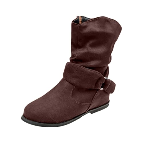 FGUUTYM Damen Stiefeletten Mit Schnalle Halbstiefel Vintage Frauen Lederschuhe Klassischer Halbhohe Stiefel Mittelhohe Cowboystiefel Flache Wildleder Elegante Winterschuhe Damenstiefel Schlupfstiefel von FGUUTYM