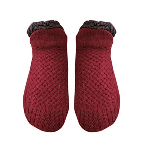 FGUUTYM Damen Thermo Gewebte Hausschuhe Rutschfest Samt Hausschuhe Indoor Socken Thermosocken und Socken Damen Weinrot S von FGUUTYM
