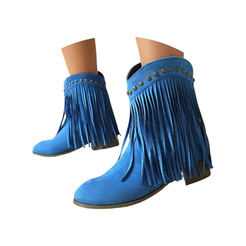 FGUUTYM Damen Vintage Fransen Westernstiefel Stiefelette Mit Blockabsatz Schlupfstiefel Klassischer Cowboy-Stiefel Ankle Boots Halbhohe Damenstiefel Mittelalterliche Stiefel Übergangsstiefel von FGUUTYM