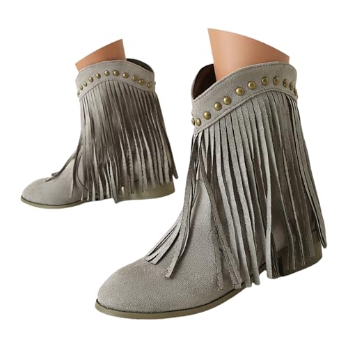 FGUUTYM Damen Vintage Fransen Westernstiefel Stiefelette Mit Blockabsatz Schlupfstiefel Klassischer Cowboy-Stiefel Ankle Boots Halbhohe Damenstiefel Mittelalterliche Stiefel Übergangsstiefel von FGUUTYM