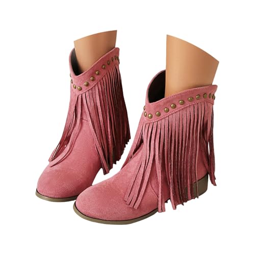 FGUUTYM Damen Vintage Fransen Westernstiefel Stiefelette Mit Blockabsatz Schlupfstiefel Klassischer Cowboy-Stiefel Ankle Boots Halbhohe Damenstiefel Mittelalterliche Stiefel Übergangsstiefel von FGUUTYM
