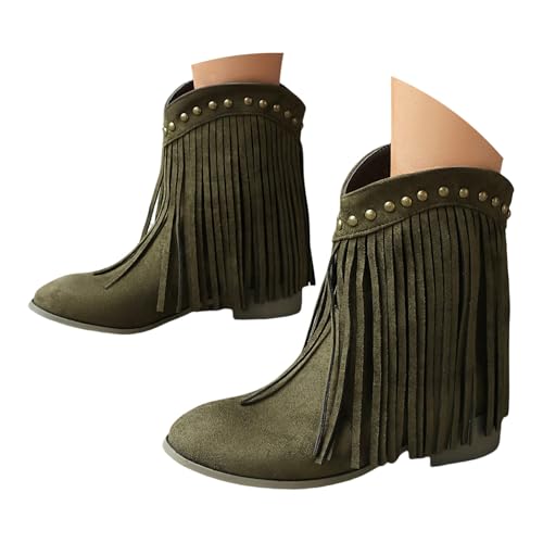FGUUTYM Damen Vintage Fransen Westernstiefel Stiefelette Mit Blockabsatz Schlupfstiefel Klassischer Cowboy-Stiefel Ankle Boots Halbhohe Damenstiefel Mittelalterliche Stiefel Übergangsstiefel von FGUUTYM