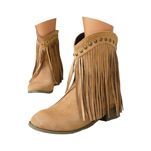 FGUUTYM Damen Vintage Fransen Westernstiefel Stiefelette Mit Blockabsatz Schlupfstiefel Klassischer Cowboy-Stiefel Ankle Boots Halbhohe Damenstiefel Mittelalterliche Stiefel Übergangsstiefel von FGUUTYM